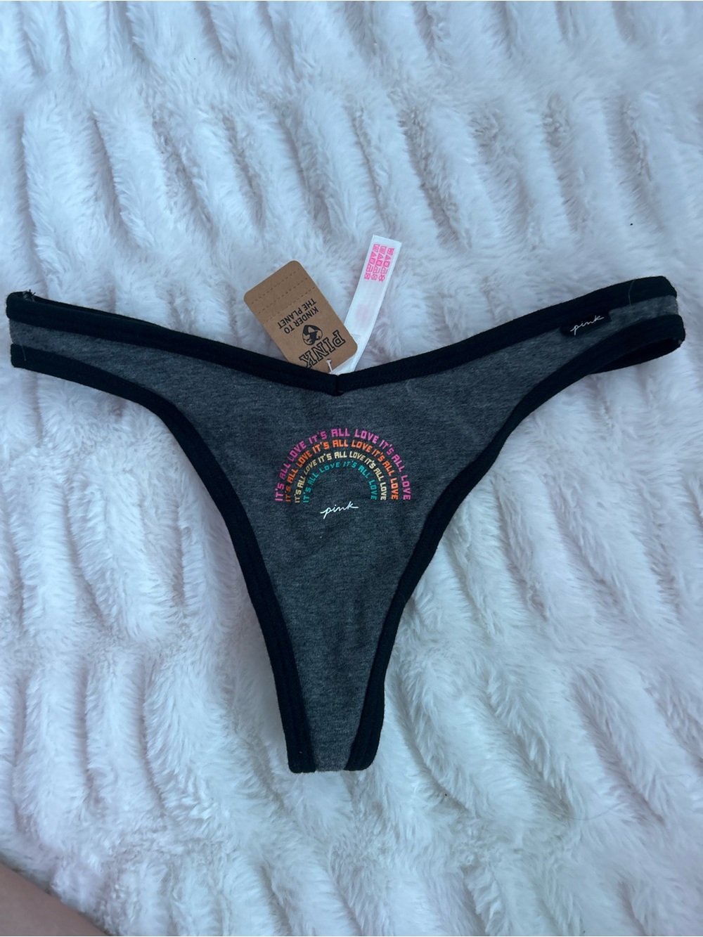 PINK Victoria's Secret Charcoal Gray Thong with Rainbow Graphic